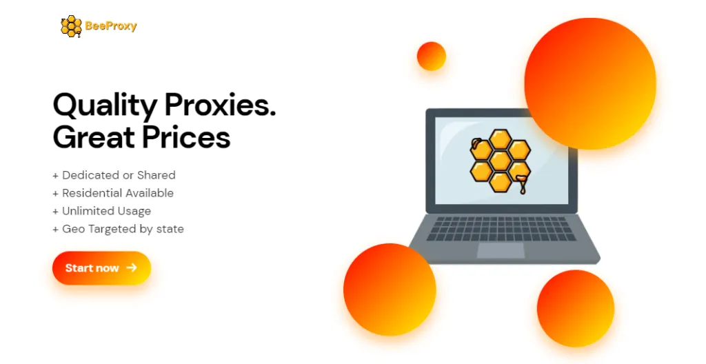 BeeProxys Website mit weißem und orangefarbenem Farbthema