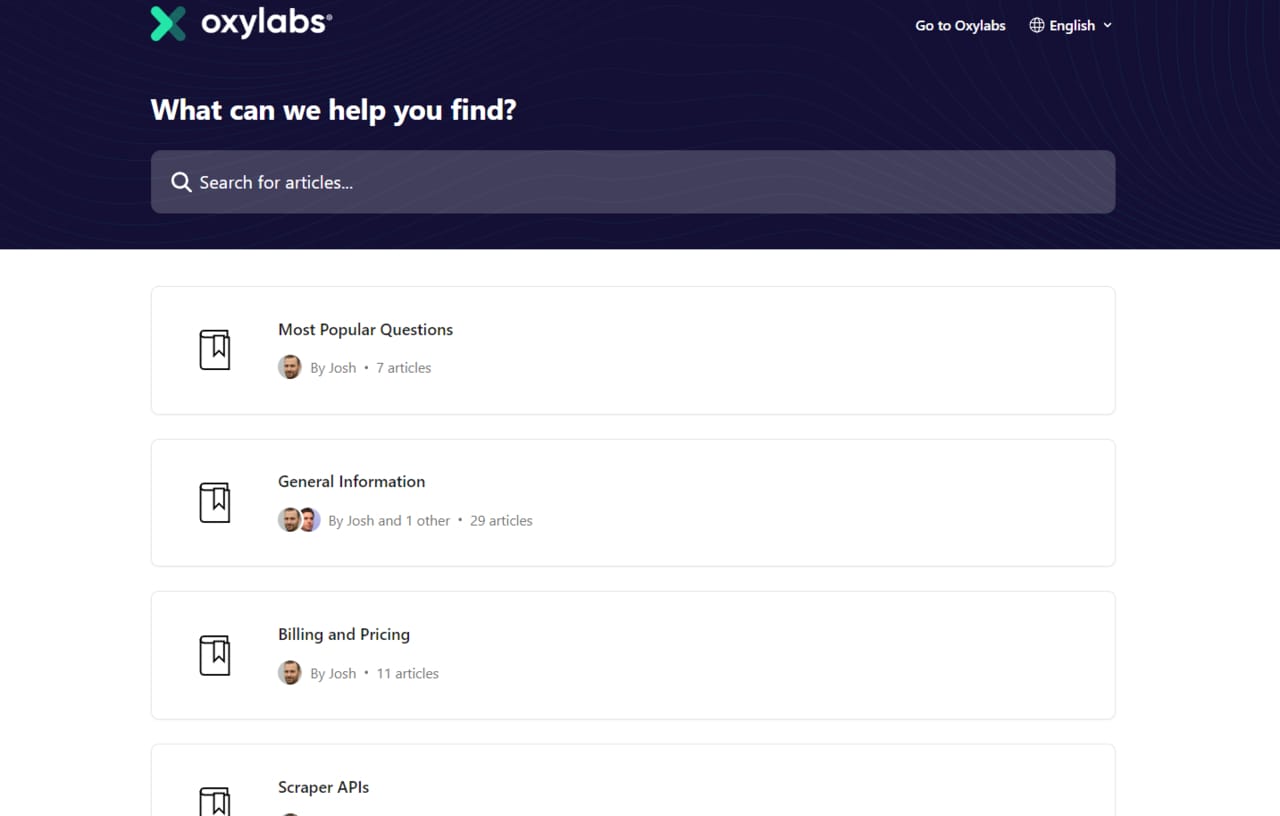 Homepage der FAQ-Website von Oxylabs