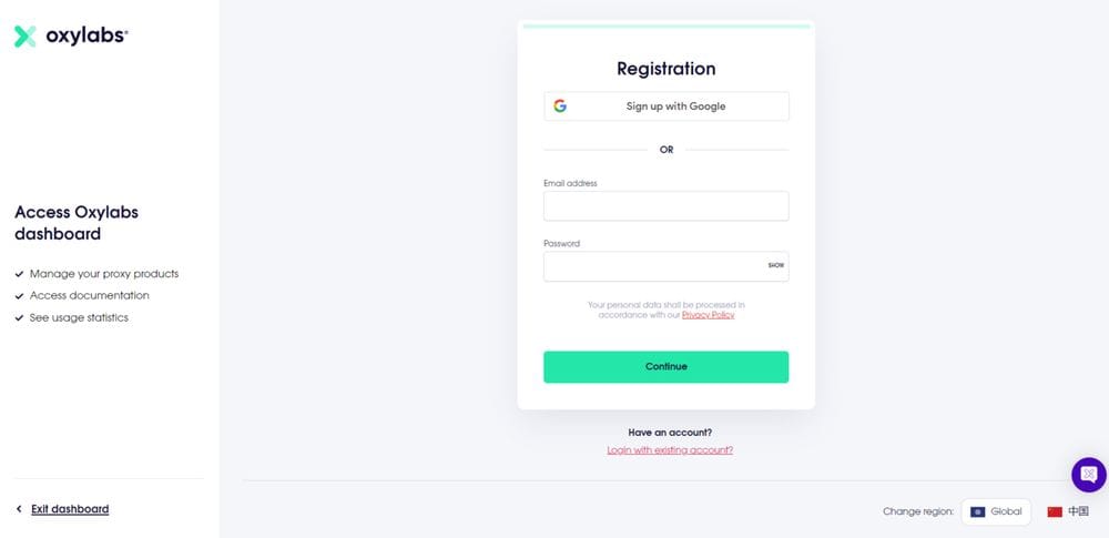 Registrierungswebseite von Oxylabs