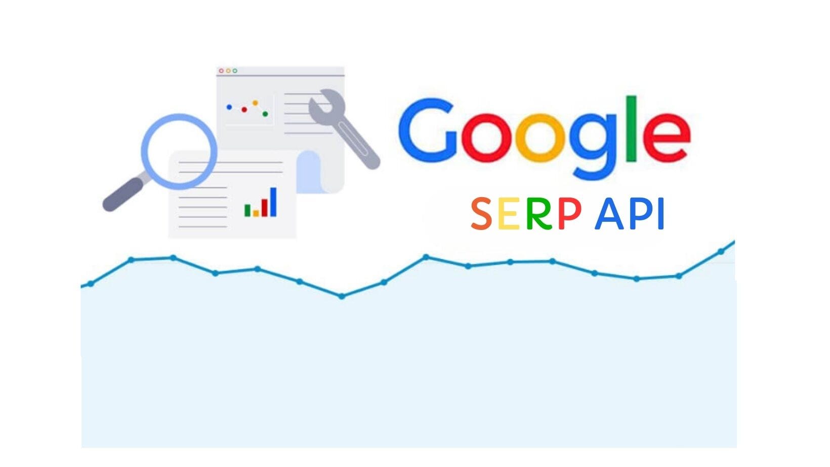 die Ansicht einer Lupe und Browserseiten mit dem Text 'Google SERP API' in Blau und Weiß