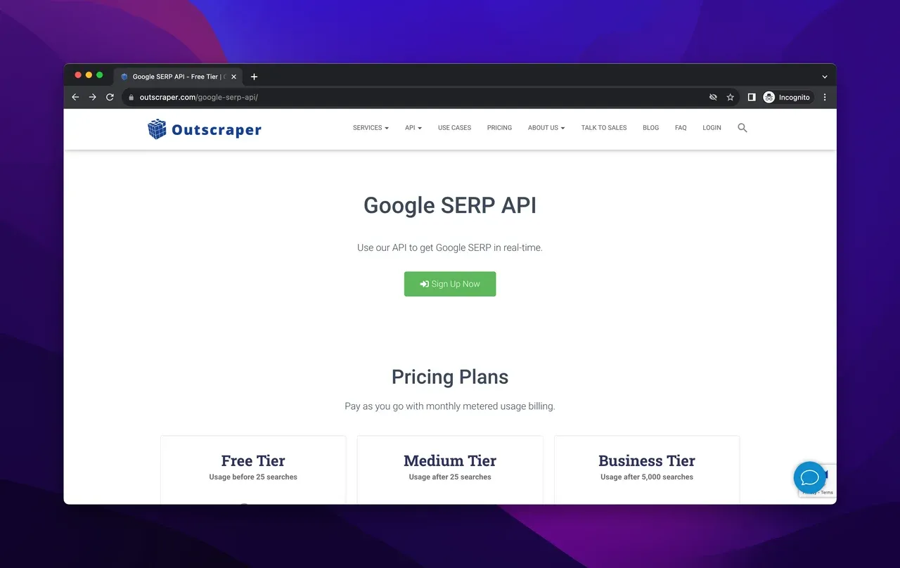 die Website-Ansicht der Outscraper Google SERP API