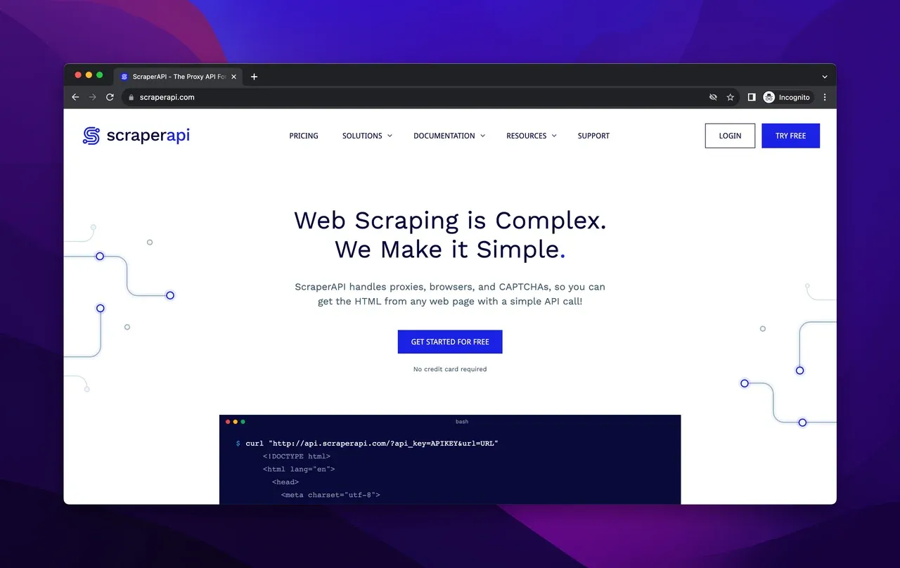 ScraperAPI-Websiteansicht im Browser